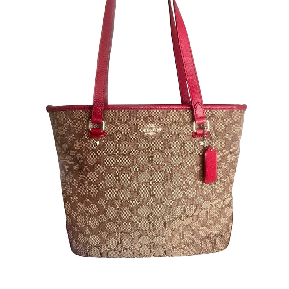 Coach Signature Coated Canvas and Red Leather Trim Purse Tote Gold Hardware - Picture 3 of 16